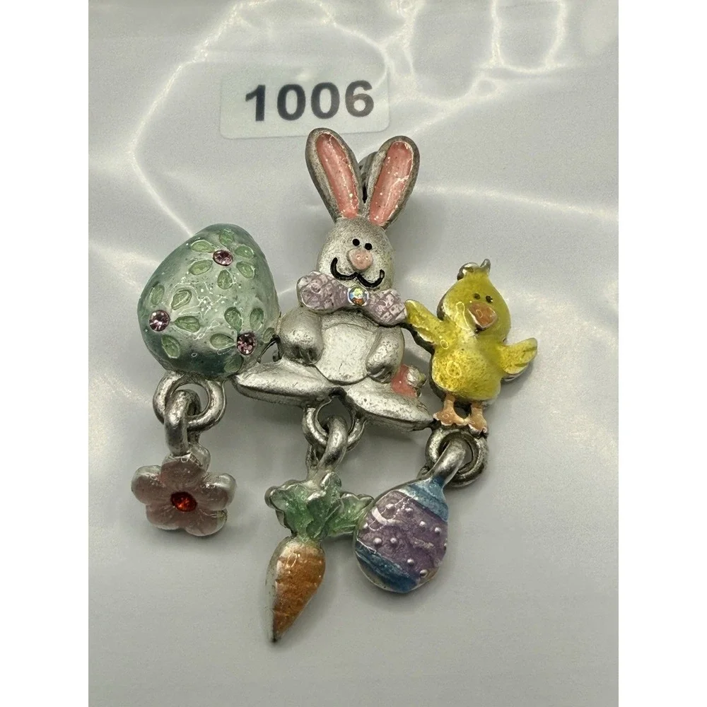 Vintage Easter Brooch Bunny Egg Chick Dangle Signed AJMC Enamel Silver Tone